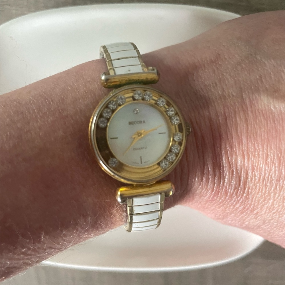 Gold and White Crystal-Embellished Jewelry Watch